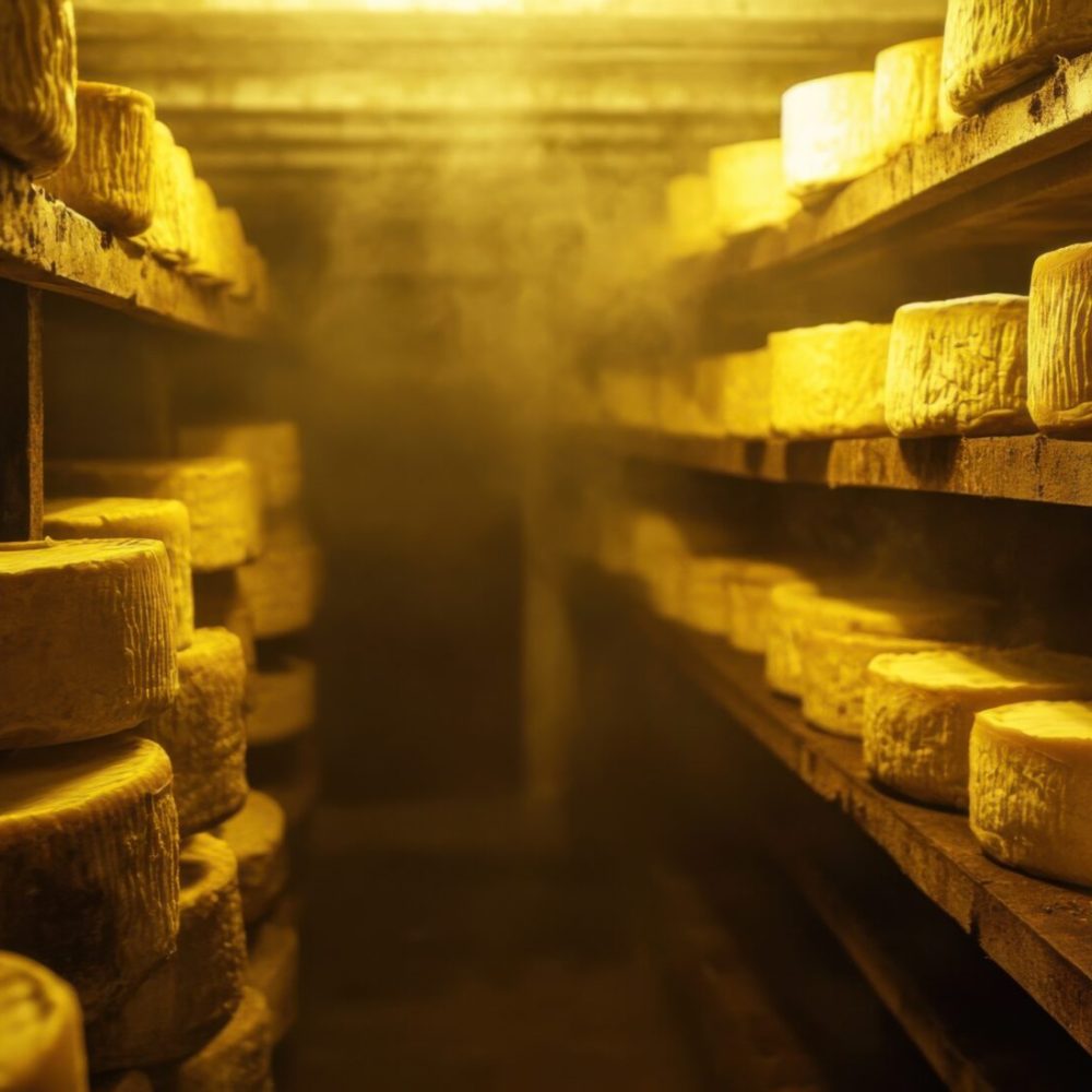 Cheese aging on wooden shelves in a dark cellar with controlled humidity, showcasing traditional cheese production and food industry